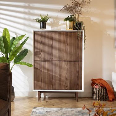 Quatropi Modern High Gloss White Tall Sideboard Cabinet Walnut Wood 100x140cm