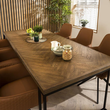 Quatropi Modern Industrial Parquet Wooden 6 Chair Dining Set Tan Leather 220cm