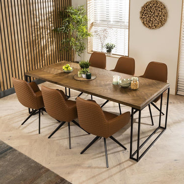 Quatropi Modern Industrial Parquet Wooden 6 Chair Dining Set Tan Leather 220cm