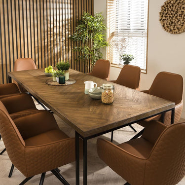 Quatropi Modern Industrial Parquet Wooden 8 Seater Dining Set Tan Leather 220cm