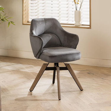Quatropi Modern Industrial Swivel Grey Velvet Kitchen Dining Room Chair Oak Legs