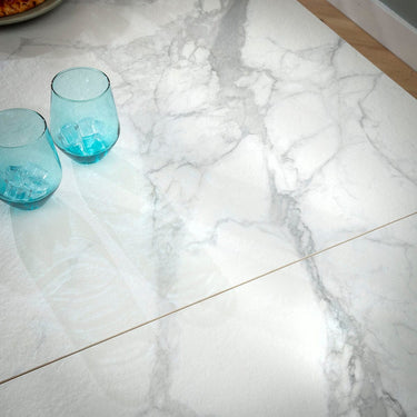 Quatropi Modern Large Extendable Dining Room Table White Marble Effect Ceramic 180-260cm