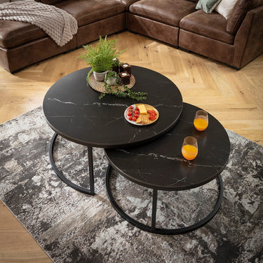 Quatropi Modern Large Round Nest of Coffee Tables Black Ceramic Marble 100cm & 80cm