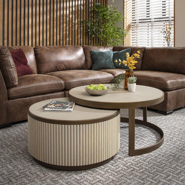 Quatropi Modern Large Round Nesting Coffee Table Set Ivory Wood White Shagreen