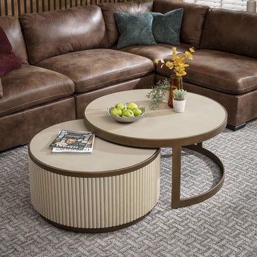 Quatropi Modern Large Round Nesting Coffee Table Set Ivory Wood White Shagreen
