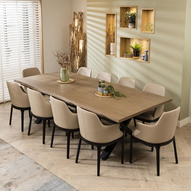 Quatropi Modern Live Edge 10 Seat Wooden Dining Table & Chairs Beige Leather 260cm