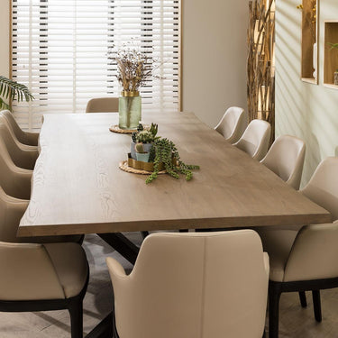 Quatropi Modern Live Edge 10 Seat Wooden Dining Table & Chairs Beige Leather 260cm