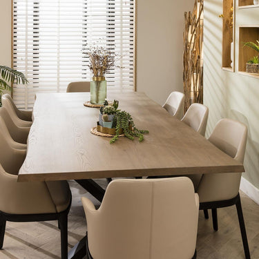 Quatropi Modern Live Edge 8 Seat Wooden Dining Table & Chairs Beige Leather 260cm