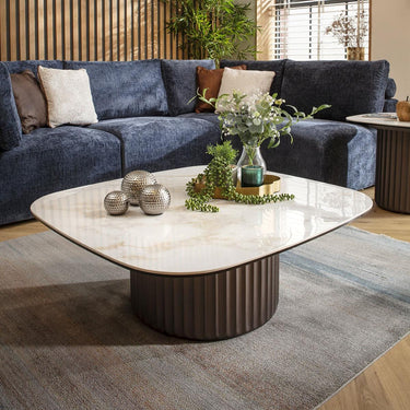 Quatropi Modern Luxury Ceramic Square Coffee Table White Marble Effect 99cm