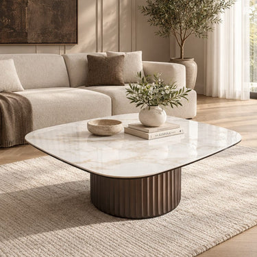 Quatropi Modern Luxury Ceramic Square Coffee Table White Marble Effect 99cm