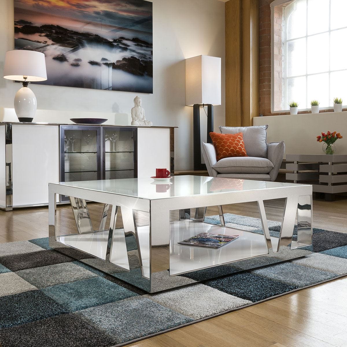 Quatropi Modern Luxury Large Square White Coffee Table Glass, Stainless Steel V