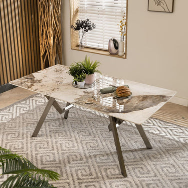 Quatropi Modern Marble Effect 6 Seater Ceramic Dining Table Silver White 180cm