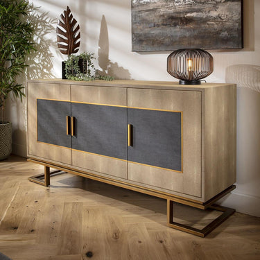 Quatropi Modern Mid Century Shagreen 3 Door Sideboard Cabinet Gold Grey 165cm