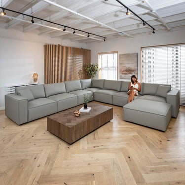 Quatropi Modern Modular Grey Leather Corner Sofa 7 Seater Cinema Settee