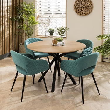 Quatropi Modern Natural Round Solid Wooden Dining Set For 4 Teal Velvet 120cm