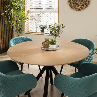 Quatropi Modern Natural Round Solid Wooden Dining Set For 4 Teal Velvet 120cm