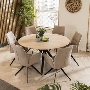 Quatropi Modern Natural Solid Round Wooden 6 Chair Seater Dining Set Mink 140cm