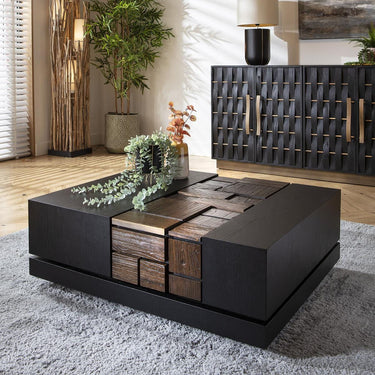 Quatropi Modern Rectangular Black Coffee Table Oak Relcaimed Elm Wood 100x80cm