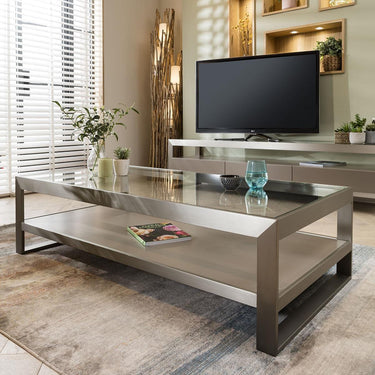 Quatropi Modern Rectangular Coffee Table Glass Top Brushed Metal Frame Taupe Grey