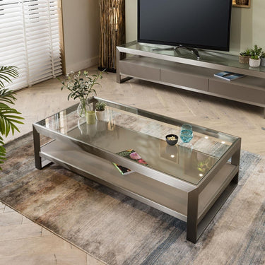Quatropi Modern Rectangular Coffee Table Glass Top Brushed Metal Frame Taupe Grey