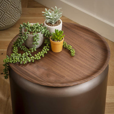 Quatropi Modern Round Bedside Lamp Side Table Walnut Wood Brown Metal Drum 45cm