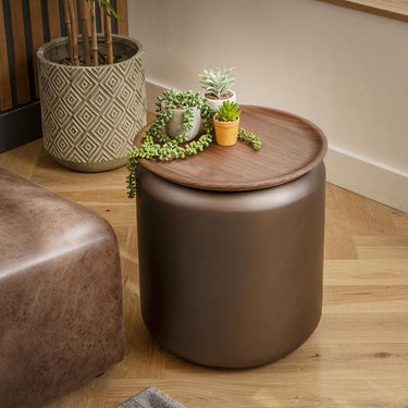 Quatropi Modern Round Bedside Lamp Side Table Walnut Wood Brown Metal Drum 45cm