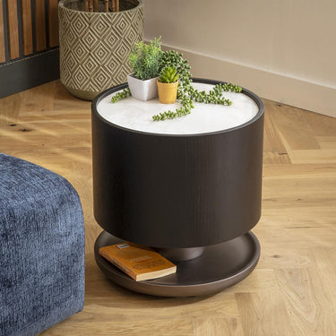 Quatropi Modern Round Black Bedside Lamp Side Table White Ceramic Marble 48cm