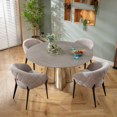 Quatropi Modern Round Ceramic Marble Dining Table and Chairs 4 Seater Set Grey & Silver