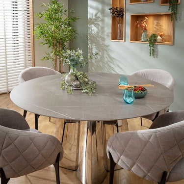Quatropi Modern Round Ceramic Marble Dining Table and Chairs 4 Seater Set Grey & Silver