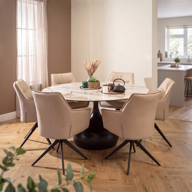 Quatropi Modern Round Ceramic Marble Dining Table and Chairs 6 Seater Set Cream White