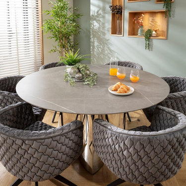 Quatropi Modern Round Ceramic Marble Dining Table and Chairs 6 Seater Set Grey & Silver