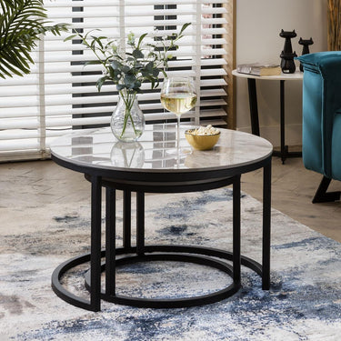 Quatropi Modern Round Coffee Table Nest Ceramic Marble Nest Of Tables 70cm Grey