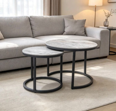 Quatropi Modern Round Coffee Table Nest Ceramic Marble Nest Of Tables 70cm Grey