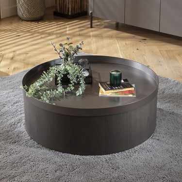 Quatropi Modern Round Coffee Table Premium Grey Oak Wood Metal Drum 90cm