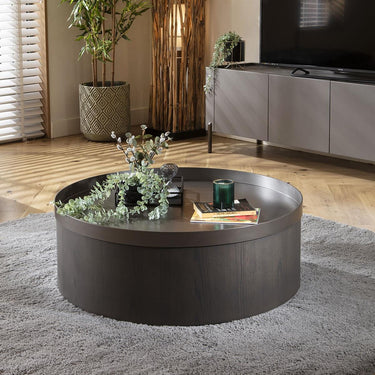 Quatropi Modern Round Coffee Table Premium Grey Oak Wood Metal Drum 90cm