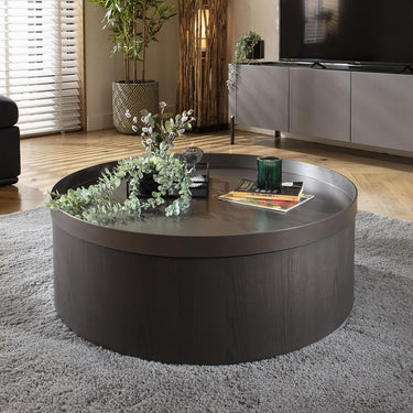 Quatropi Modern Round Coffee Table Premium Grey Oak Wood Metal Drum 90cm