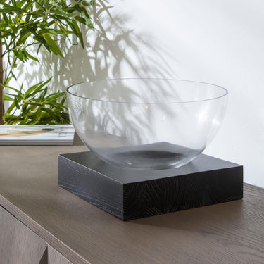 Quatropi Modern Round Glass Bowl on Wooden Stand Display Ornament Accessory 30x20cm