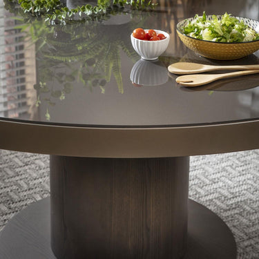 Quatropi Modern Round Glass Dining Room Table For 6 Pedestal Base Grey Oak 150cm