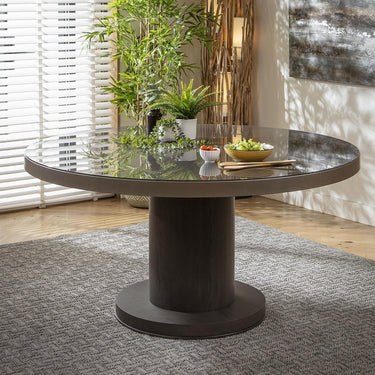 Quatropi Modern Round Glass Dining Room Table For 6 Pedestal Base Grey Oak 150cm