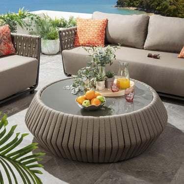 Quatropi Modern Round Outdoor Coffee Table Glass Top Beige Rope Weave 120cm
