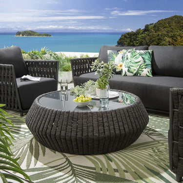 Quatropi Modern Round Outdoor Coffee Table Glass Top Grey Rope Weave 120cm