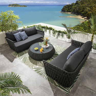 Quatropi Modern Round Outdoor Coffee Table Glass Top Grey Rope Weave 120cm