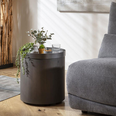 Quatropi Modern Round Side Table Bedside Sofa Accent Table Grey Oak Metal 45cm