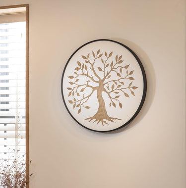 Quatropi Modern Round Wall Artwork White & Natural Wood 60x60cm