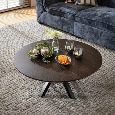 Quatropi Modern Round Wooden Coffee Table Dark Oak Wood Veneer 90cm
