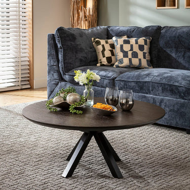 Quatropi Modern Round Wooden Coffee Table Dark Oak Wood Veneer 90cm