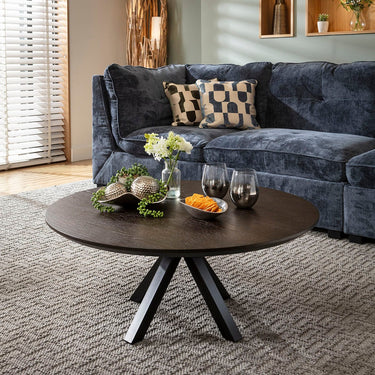 Quatropi Modern Round Wooden Coffee Table Dark Oak Wood Veneer 90cm
