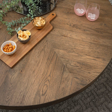 Quatropi Modern Round Wooden Coffee Table Dark Recliamed Oak 130cm
