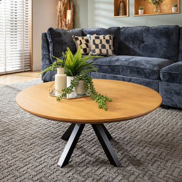 Quatropi Modern Round Wooden Coffee Table Light Oak Wood Veneer 90cm