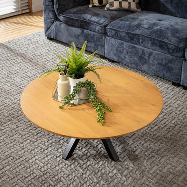 Quatropi Modern Round Wooden Coffee Table Light Oak Wood Veneer 90cm